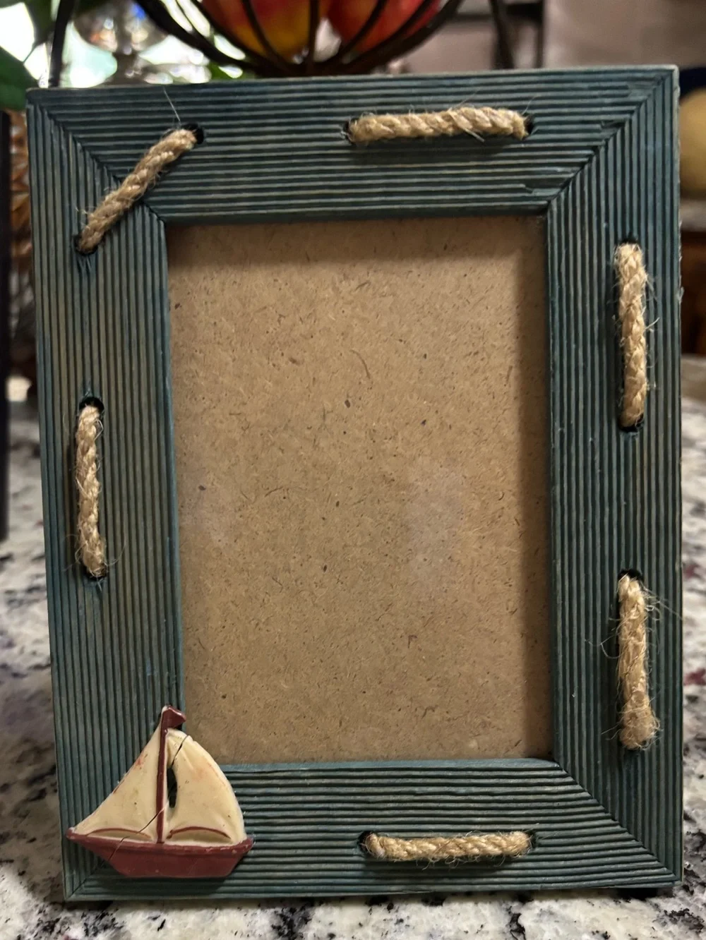 Nautical Rope Accent Picture Frame Blue Green Weathered Wood Sail Boat 6” x 7”